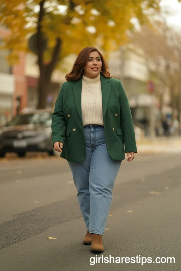 Forest Green Blazer and Knit Sweater Cozy Autumn Ensemble