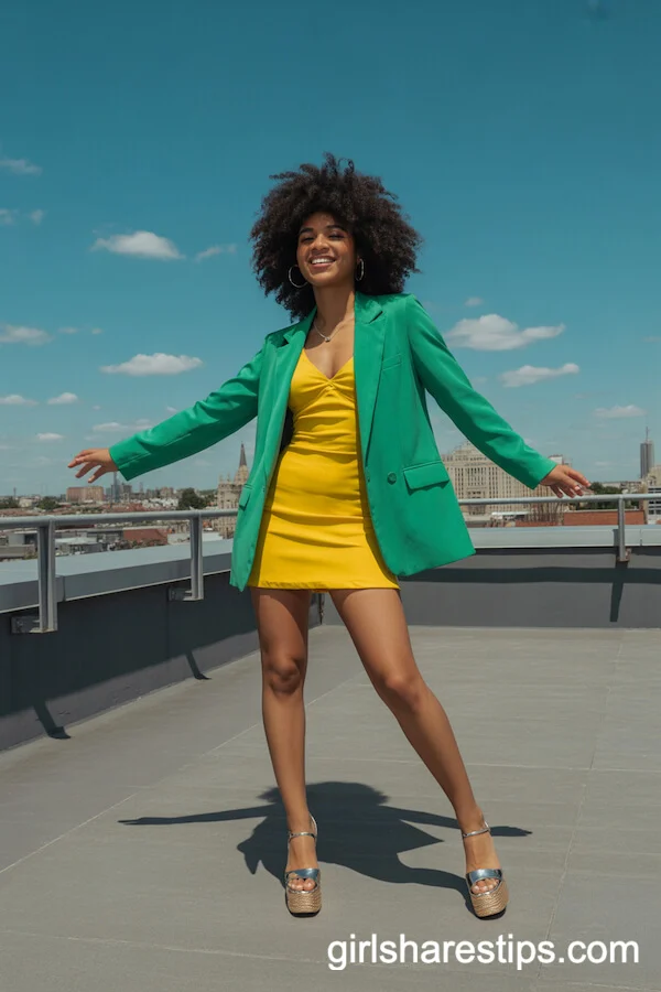 Emerald Green Blazer with Yellow Mini Dress Vibrant Rooftop Style