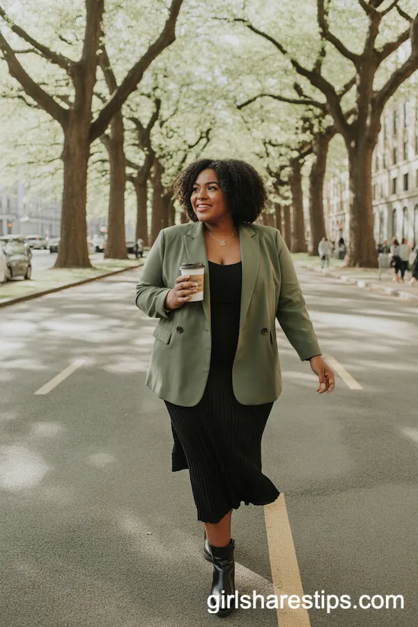 Tailored Green Blazer Over Black Midi Dress Urban Chic