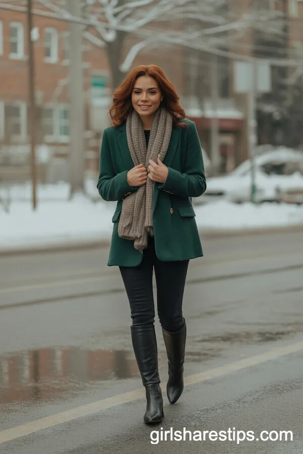 Forest Green Wool Blazer with Scarf Cozy Winter Outfit