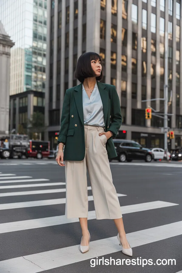 Hunter Green Blazer with Culottes Sophisticated Workwear