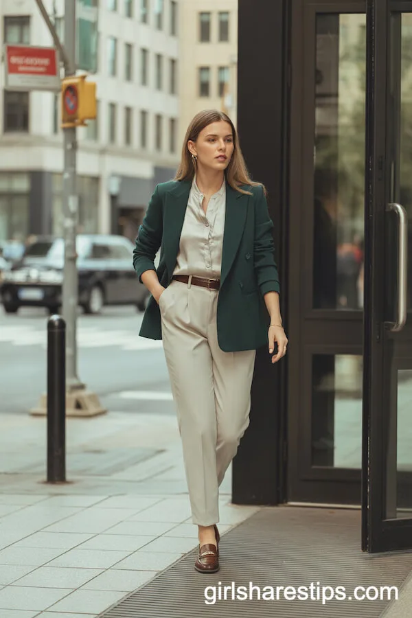 Deep Green Blazer and Cream Trousers Modern Office Outfit