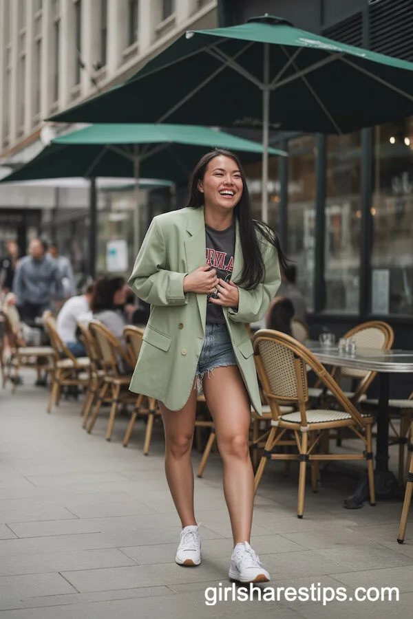 Oversized Sage Green Blazer with Graphic Tee and Shorts for Summer