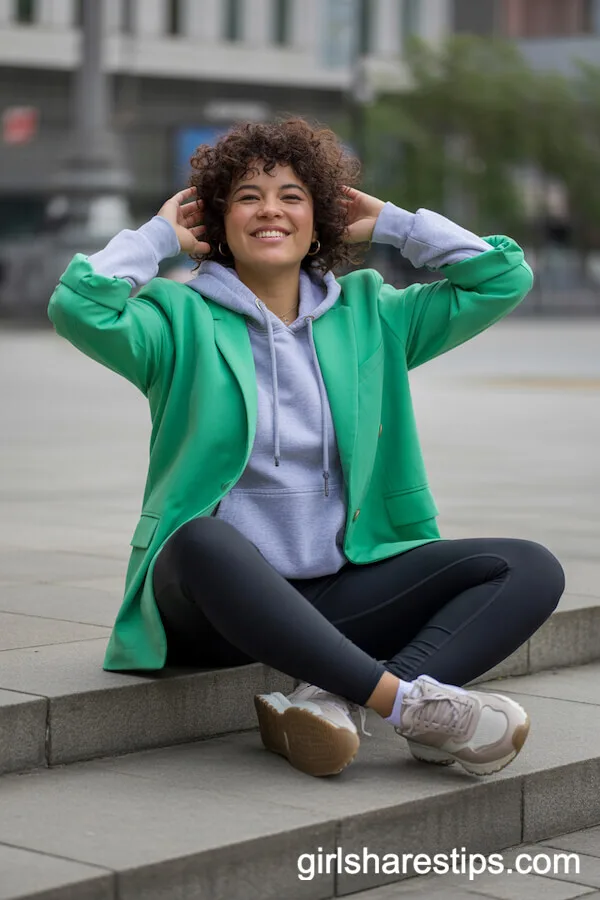 Bright Green Blazer with Hoodie and Leggings Casual Streetwear Look