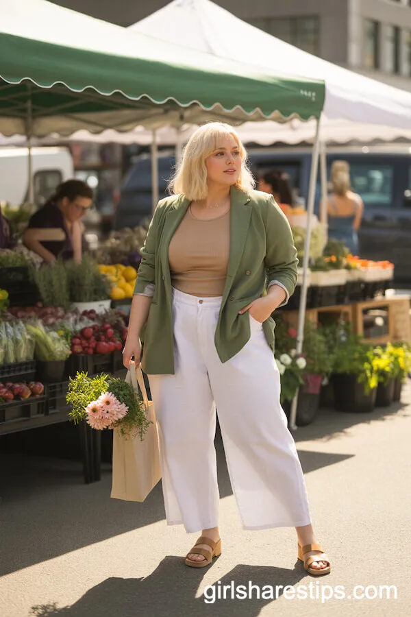 Moss Green Blazer with White Wide-Leg Pants Farmers Market Outfit