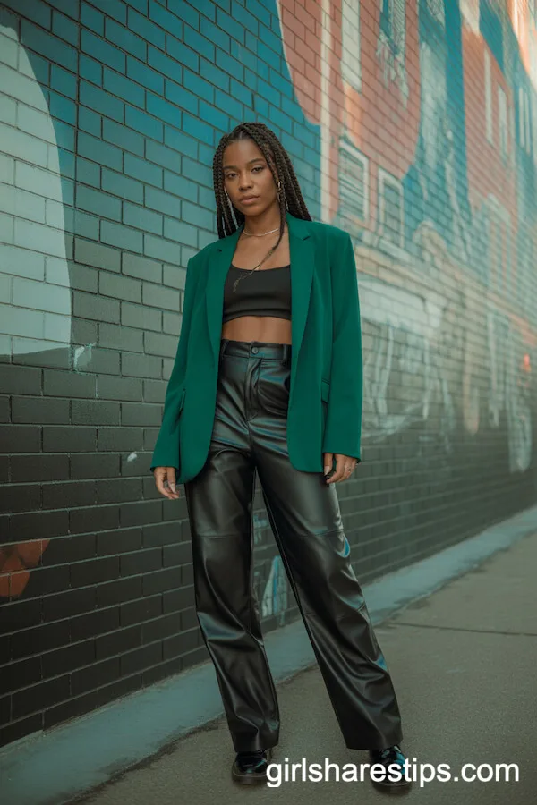Emerald Green Blazer and Faux Leather Pants Urban Cool Ensemble