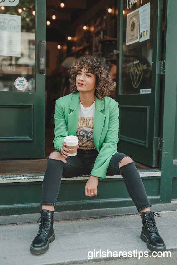 Jolly Green Blazer with Band Tee and Combat Boots Relaxed Vibe