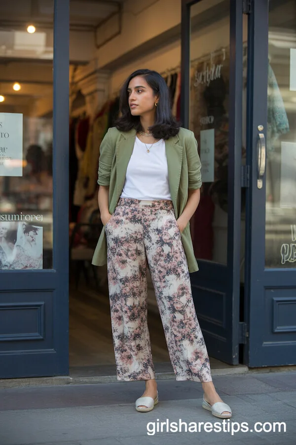 Olive Green Blazer and Floral Trousers Bohemian-Chic Style