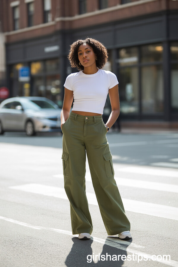 Olive Green Cargo Pants with a Crisp White T-Shirt