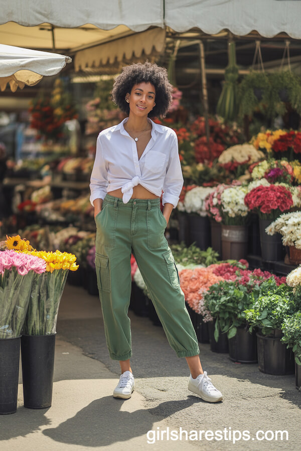 Green Cargo Pants, White Button-Down Shirt, White Sneakers