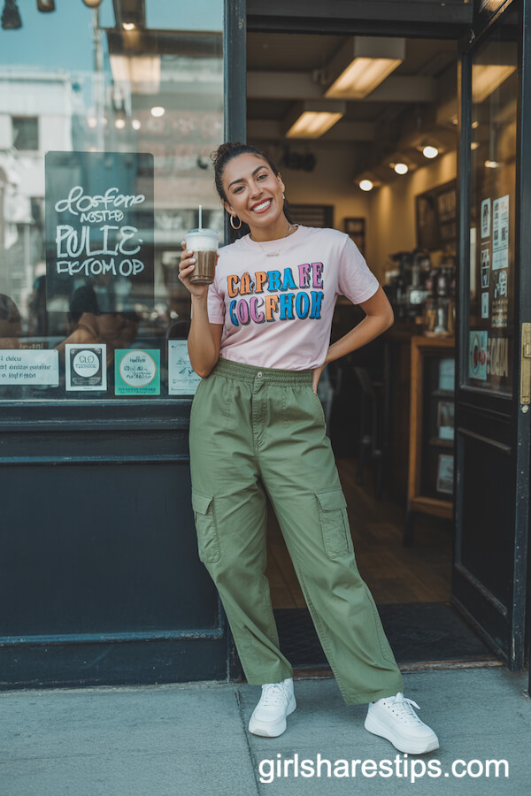 Green Cargo Pants with Colorful Graphic T-Shirt