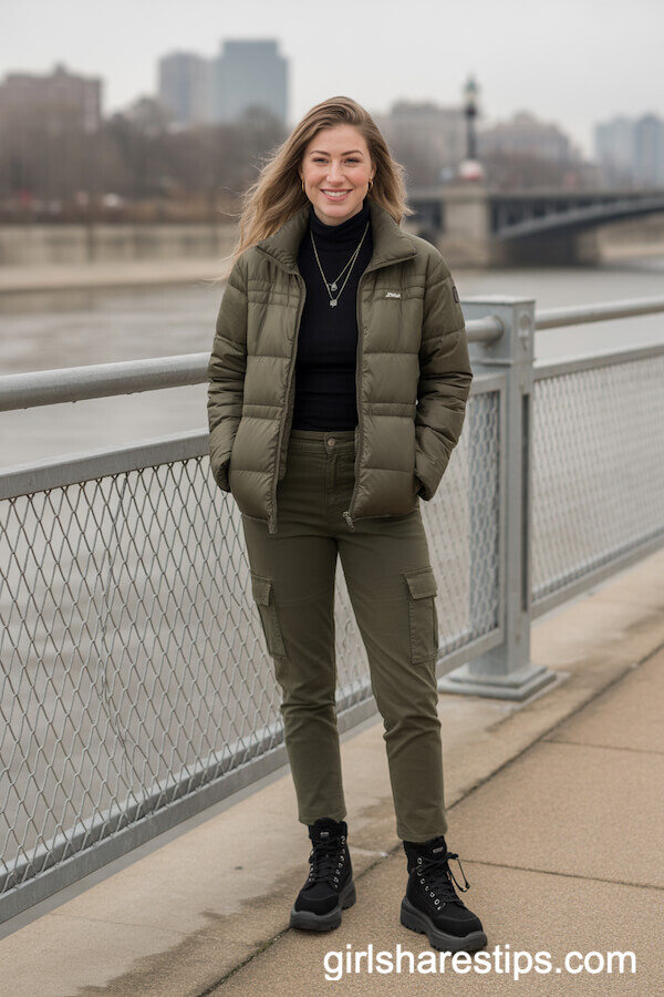 Green Cargo Pants, Black Turtleneck, Olive Puffer Jacket