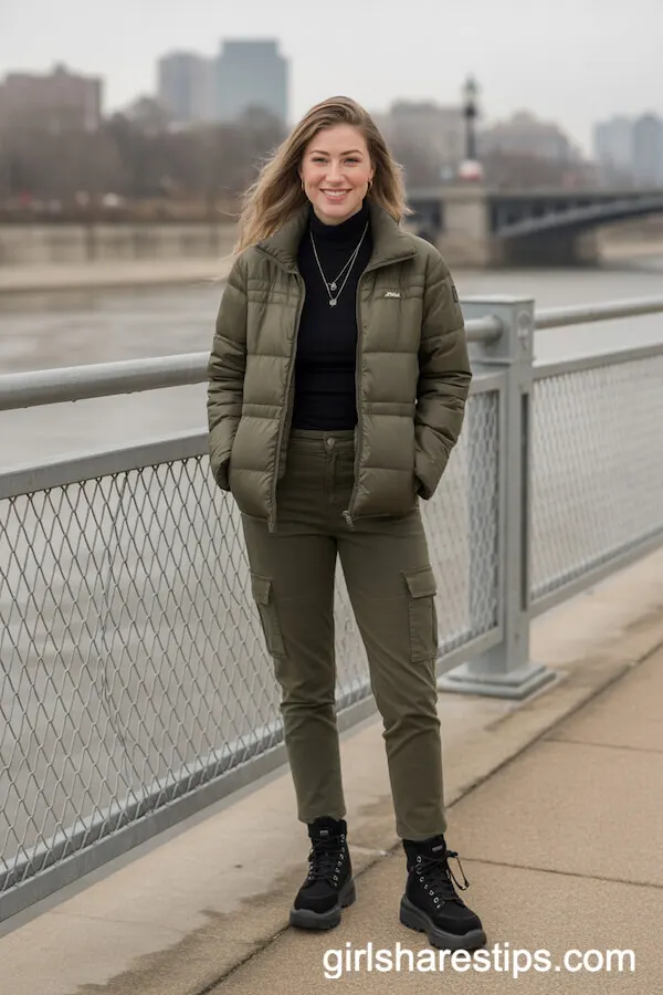 Green Cargo Pants, Black Turtleneck, Olive Puffer Jacket