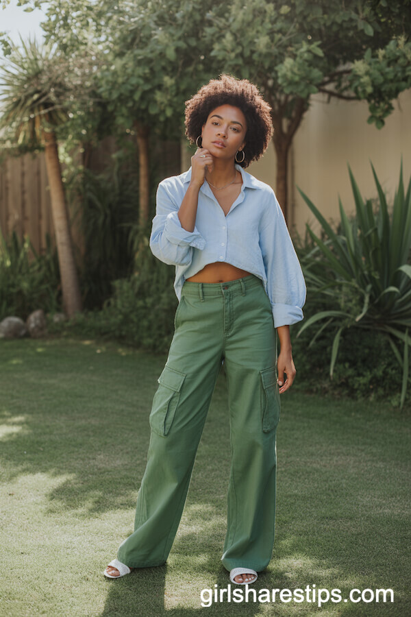 Green Cargo Pants with Loose Light-Blue Linen Shirt