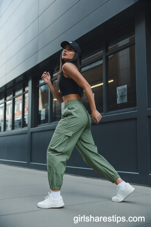 Slim Green Cargo Pants Black Sports Crop Top Baseball Cap