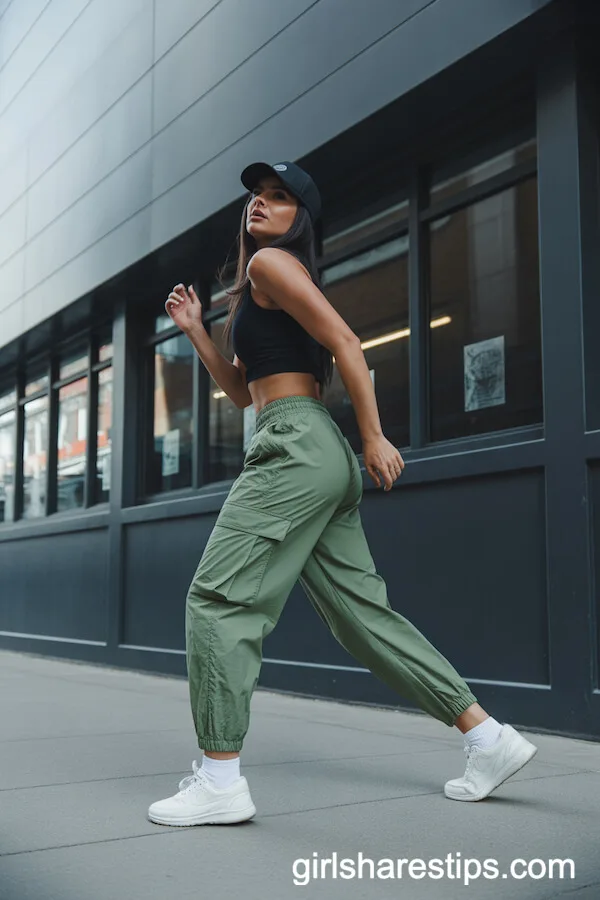 Slim Green Cargo Pants Black Sports Crop Top Baseball Cap