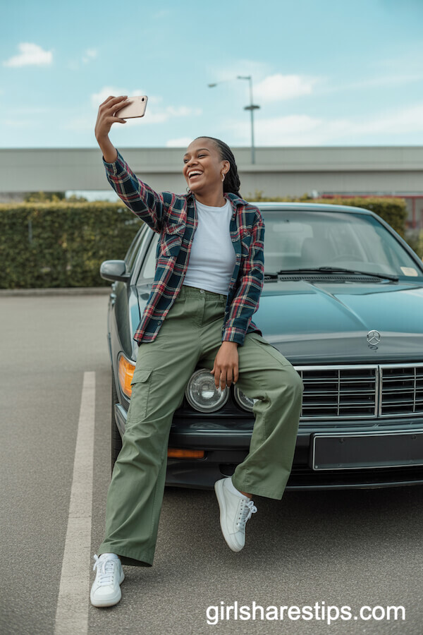 Green Cargo Pants, White Tee, Plaid Flannel Shirt