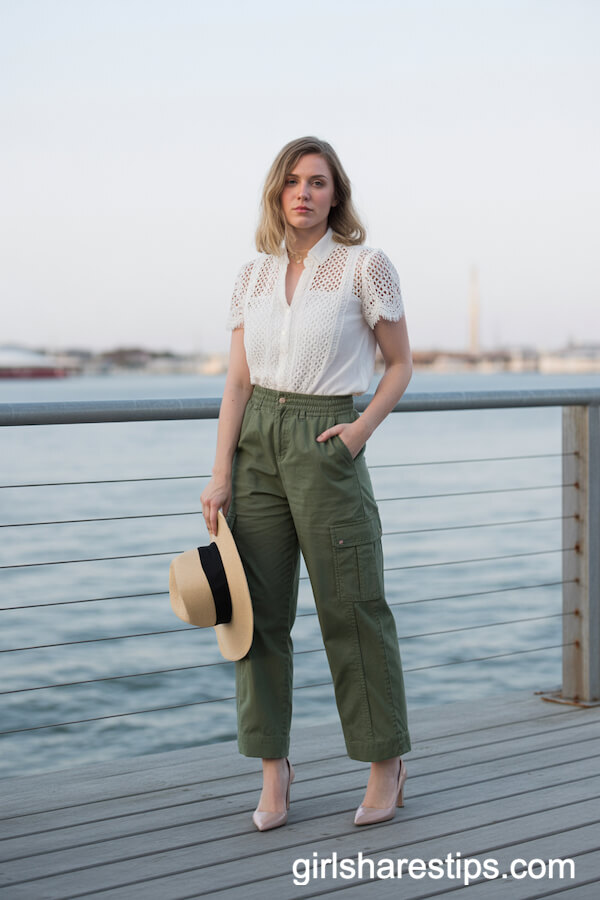 Green Cargo Pants with White Lace Blouse and Nude Heels
