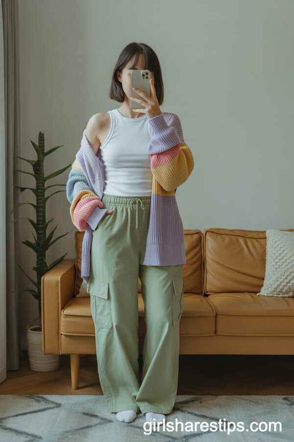 Green Cargo Pants, Ribbed White Tee, Chunky Cardigan