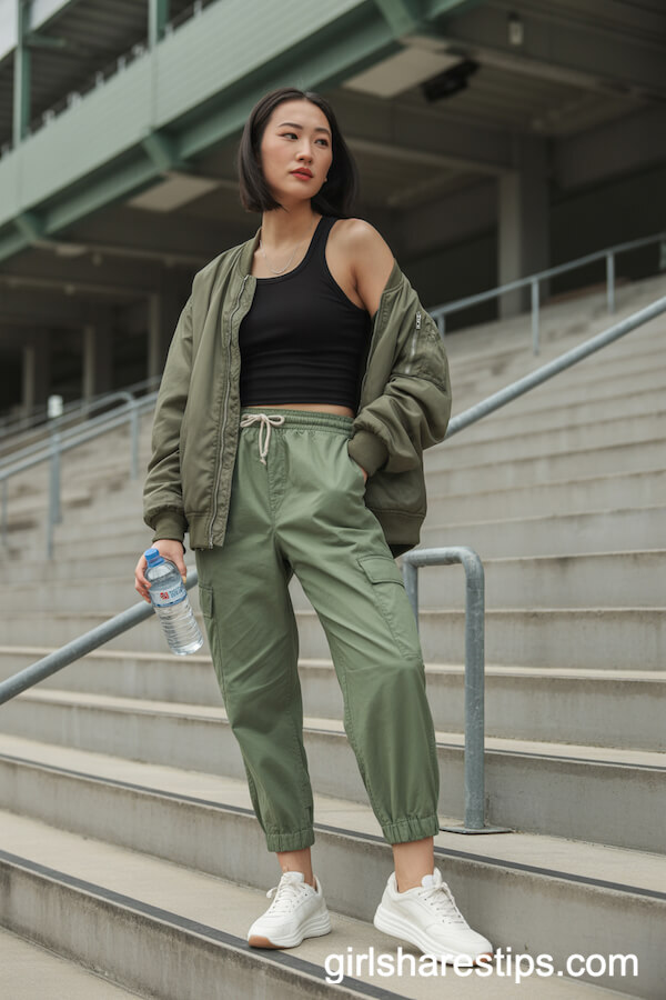 Cuffed Green Cargo Pants, Black Tank Top, Olive Bomber Jacket