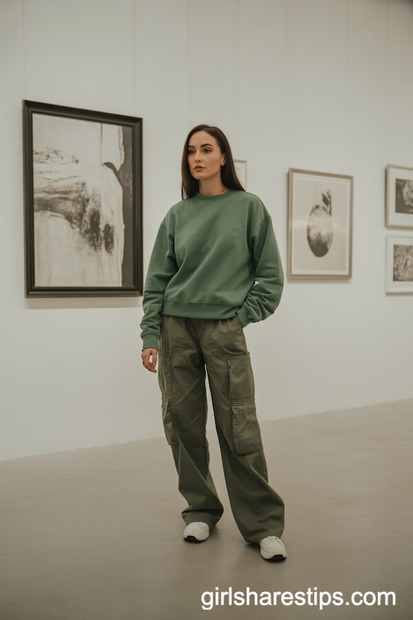 Loose Green Cargo Pants with Green Crewneck Sweatshirt