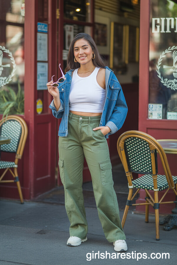 Green Cargo Pants, White Tank Top, Blue Denim Jacket