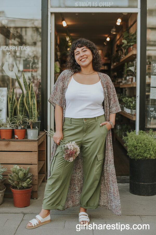 Green Cargo Pants, White Camisole, Patterned Kimono Cardigan