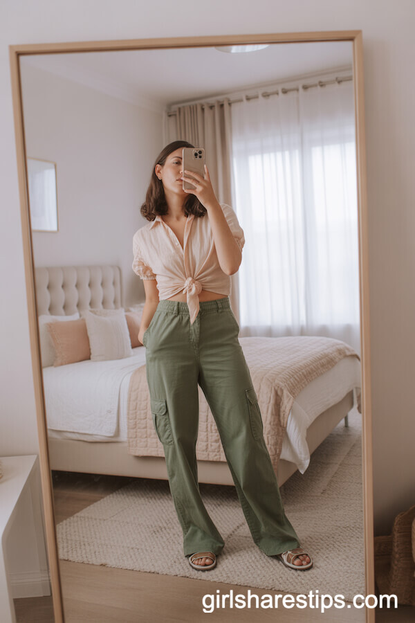 Green Cargo Pants with Fitted Light Peach Blouse
