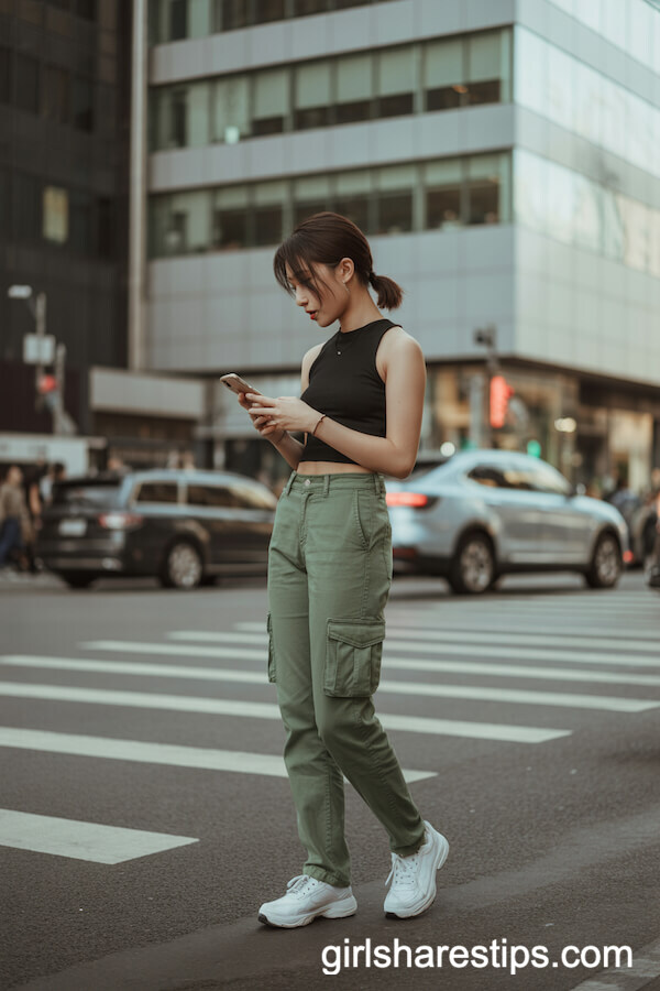 Slim-Fit Green Cargo Pants Black Crop Top
