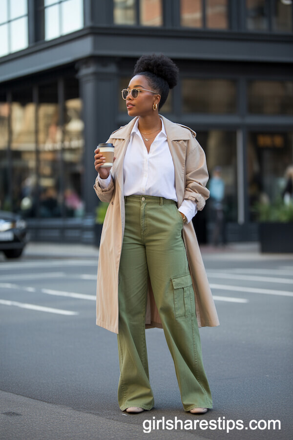 High-Waisted Green Cargo Pants with White Blouse and Trench Coat
