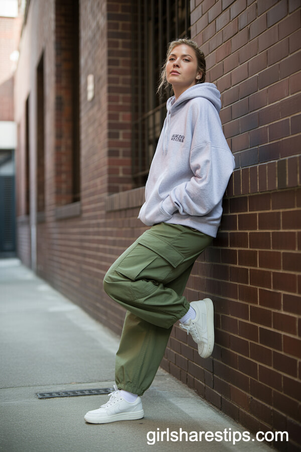 Green Cargo Pants with Oversized Gray Hoodie and White Sneakers