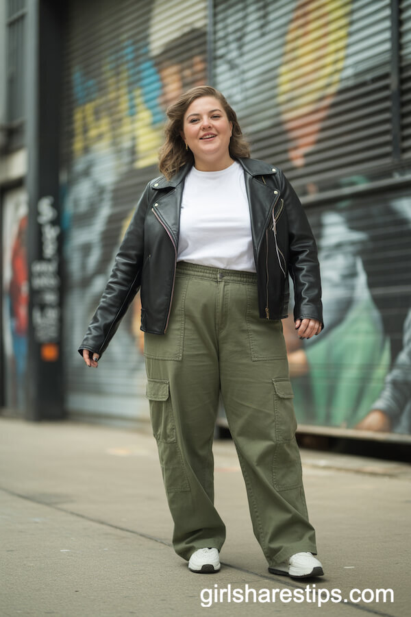 Green Cargo Pants, White T-Shirt, Black Leather Jacket