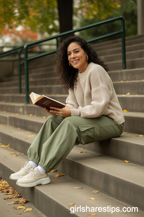 Relaxed Green Cargo Pants with Chunky Cream-Colored Sweater