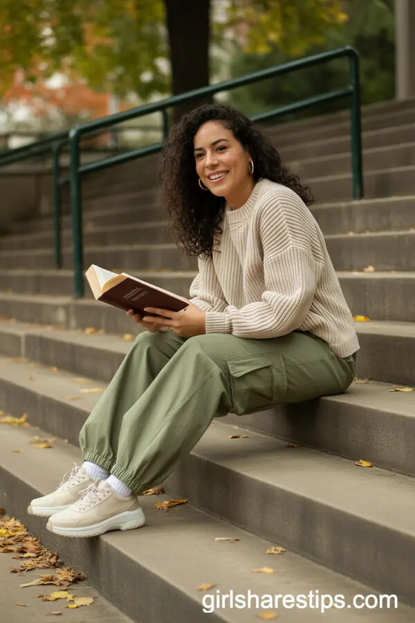 Relaxed Green Cargo Pants with Chunky Cream-Colored Sweater