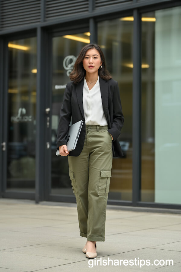 Tailored Green Cargo Pants with White Blouse and Black Blazer