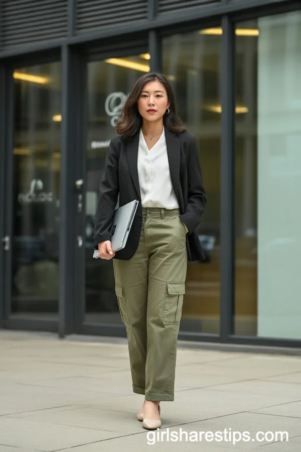 Tailored Green Cargo Pants with White Blouse and Black Blazer