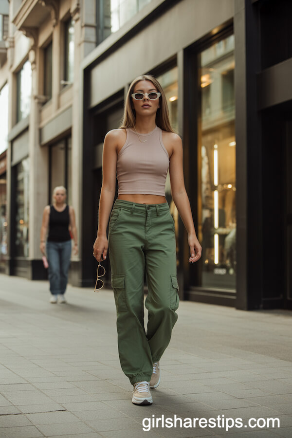 Green Cargo Pants with Fitted Ribbed Tank Top