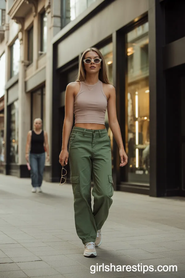 Green Cargo Pants with Fitted Ribbed Tank Top