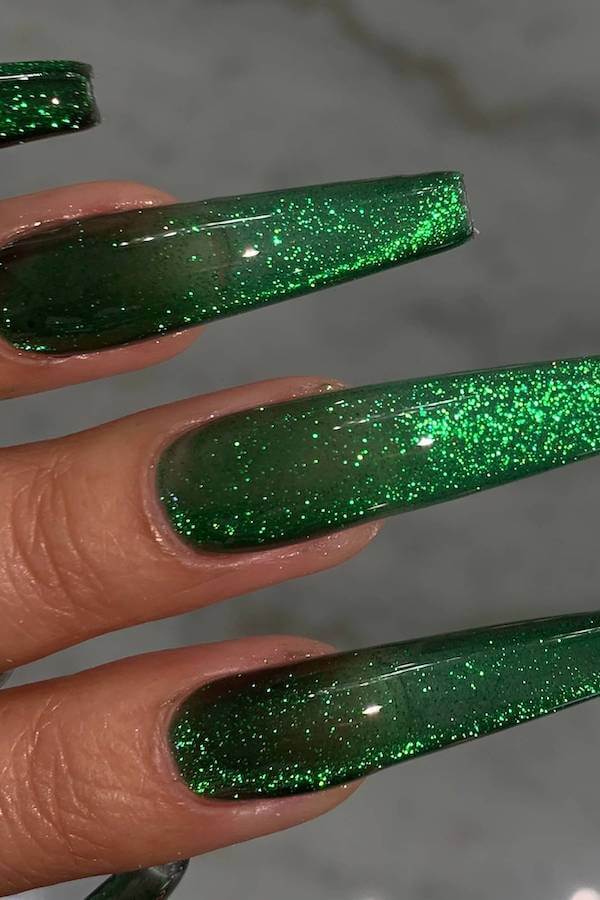 Long Glitter Green Cat Eye Nails