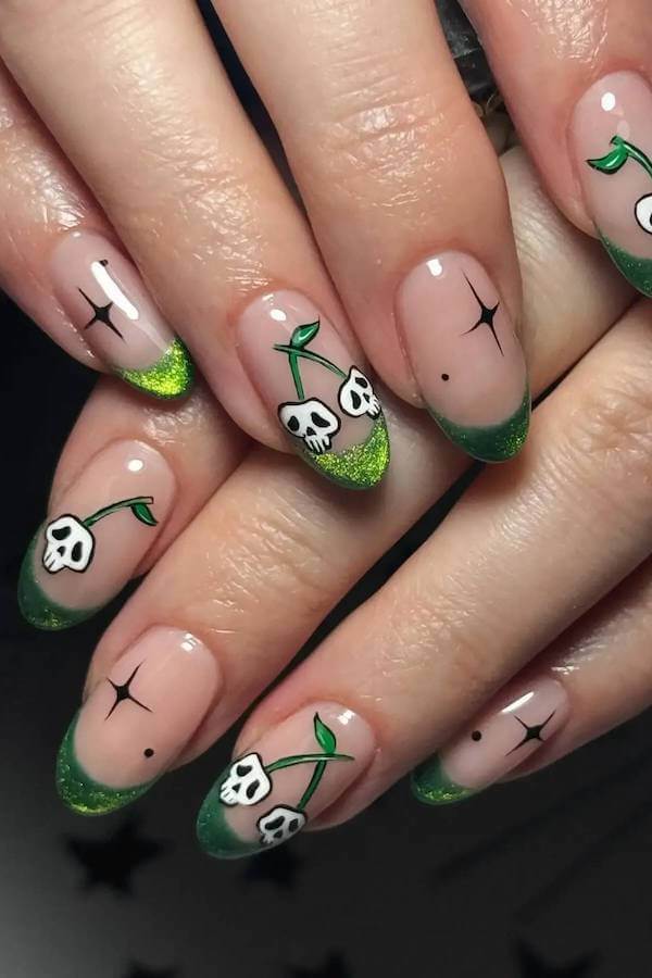 Skulls and Green French Cat Eye Nails