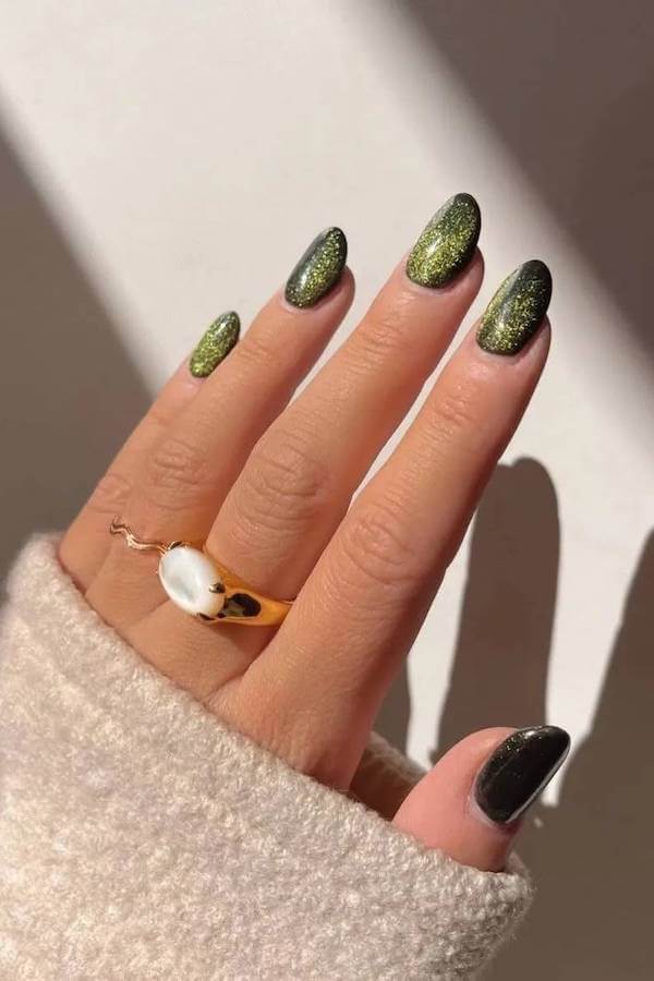 Olive Glitter Cat Eye Nails