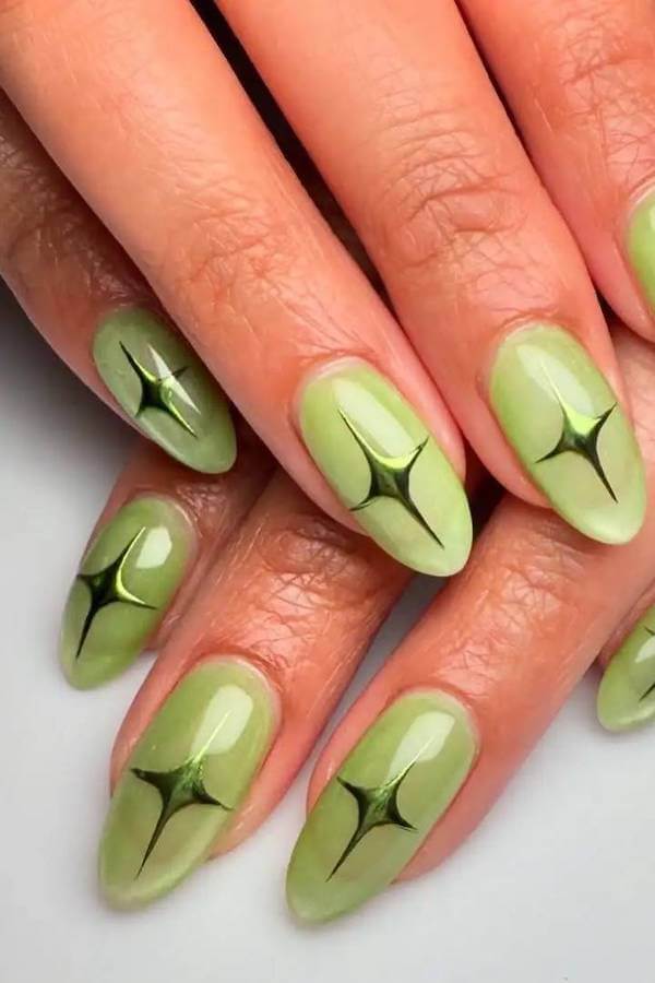 Light Green Cat Eye Nails with Star Design