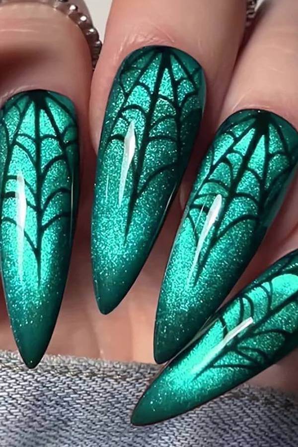 Green Cat Eye Spider Web Nails