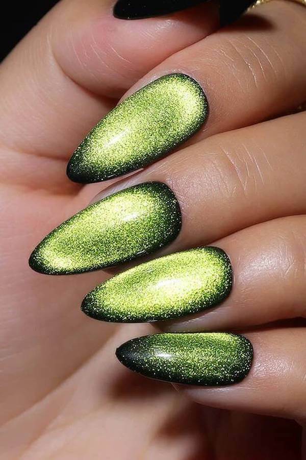 Neon Green Chrome Cat Eye Nails