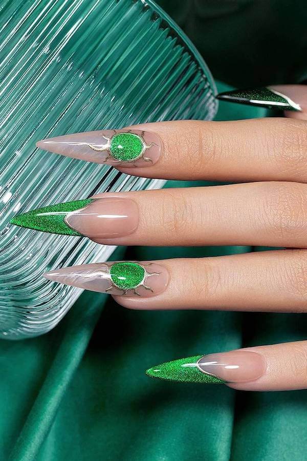 Stiletto Green Cat Eye Nails with Gem Detail