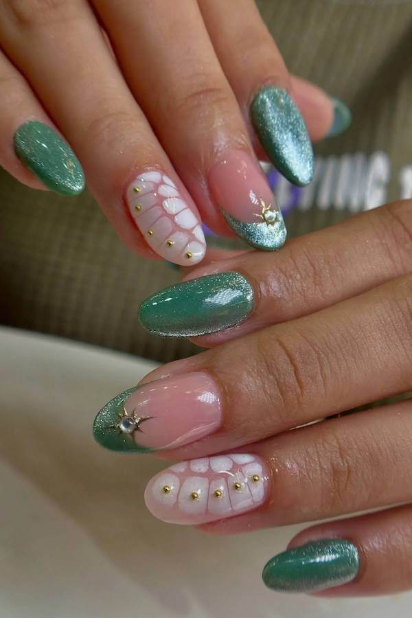 Emerald Cat Eye Nails with Gold Studs