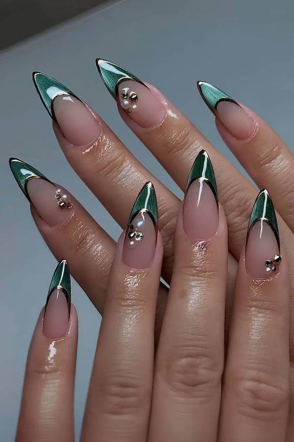 Deep Green Cat Eye French Tip Nails