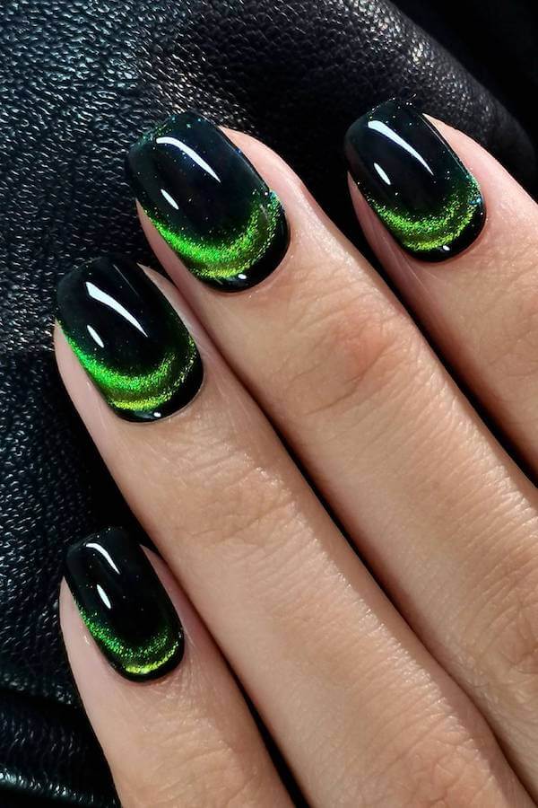 Black and Neon Green Cat Eye Nails