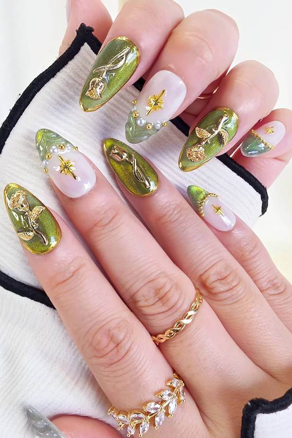 Glam Gold and Green Cat Eye Nail Art