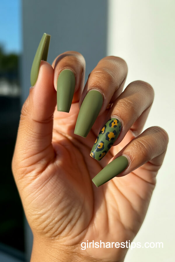 Matte olive green with leopard print